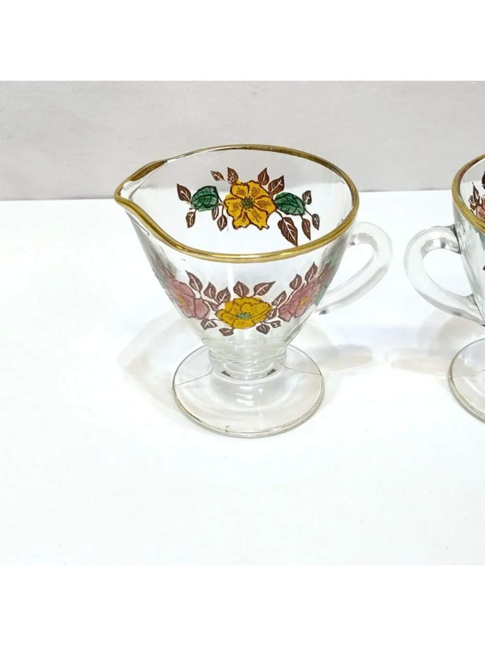 Vintage Glass Creamer & Sugar Set Floral Design Gold Rim Accents Artist Unknown